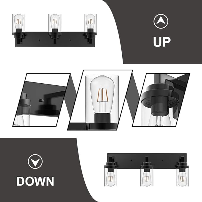 MELUCEE Vintage Bathroom Lighting Fixtures Over Mirror, 3-Light Modern Vanity Lights Black Finish Industrial Wall Sconce with Clear Glass Shade