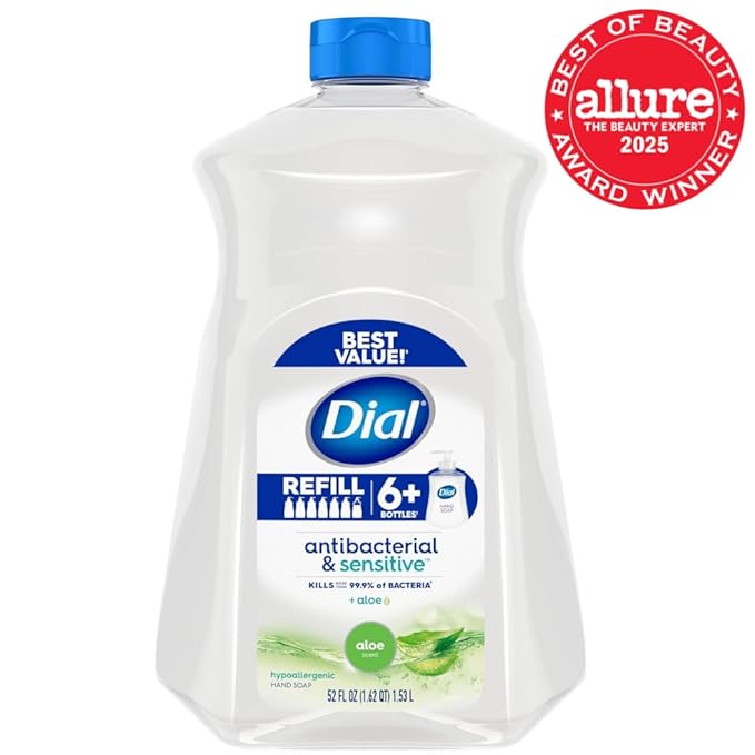 Dial Antibacterial Defense Liquid Hand Soap + Aloe, Aloe Scent, 52 Fl Oz Hand Soap Refill (Pack of 3), Dermatologist-Tested, Gentle Formula