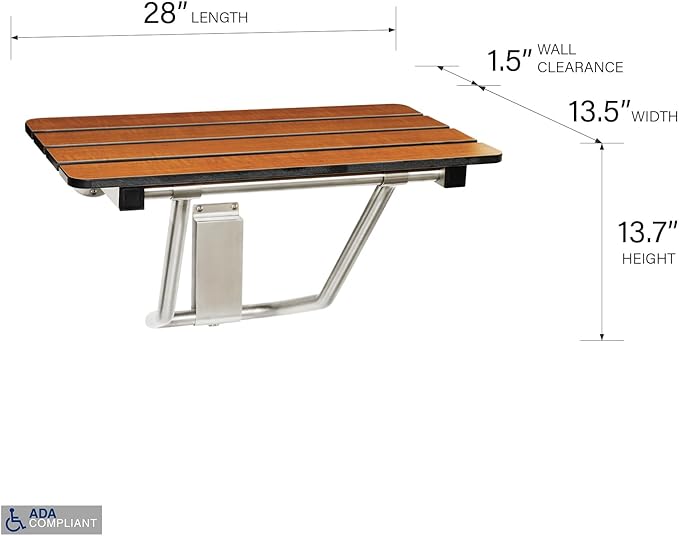 Seachrome 28-inch x 15-inch in ADA Folding Wall Mount Bathroom Shower Seat Bench, Teak Phenolic Seat