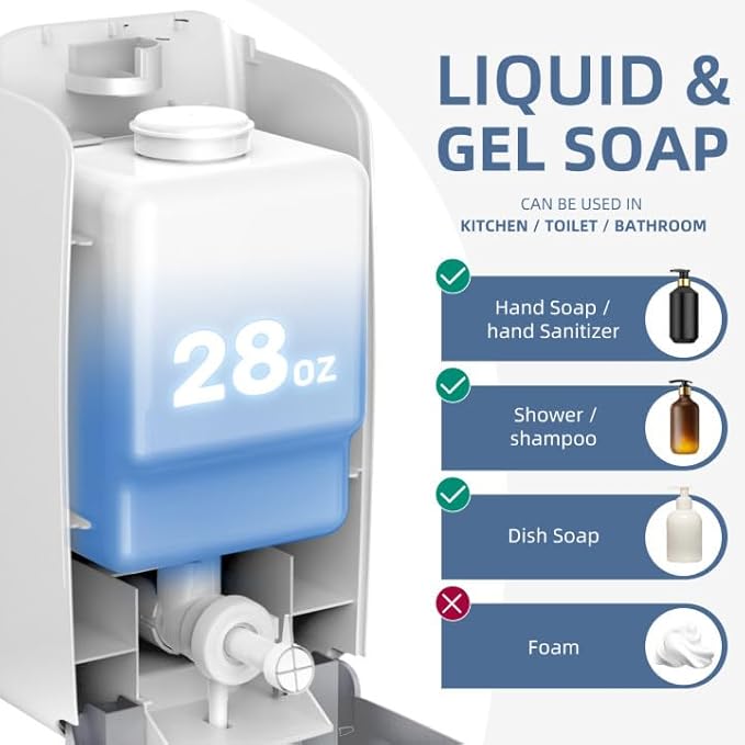 Soap Dispenser Wall Mount 28oz Commercial Hand Soap Dispenser for Bathroom Liquid Gel Hand Sanitizer Dispenser No Drilling White