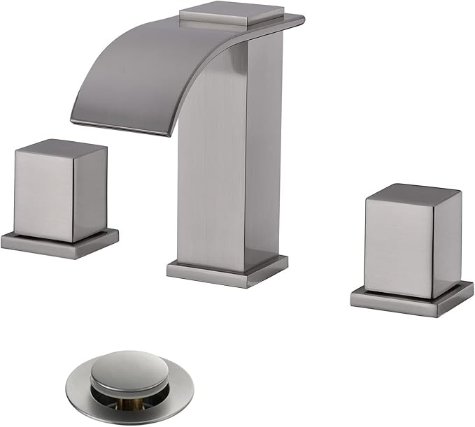 Luxury Brass Modern Widespread Waterfall Bathroom Sink Faucets with Copper Valve for 3 Hole 2-Handle 8 Inch Deck Bathroom Vanity Faucet, &Stainless Steel Pop-up Drain Assembly, Brushed Nickel