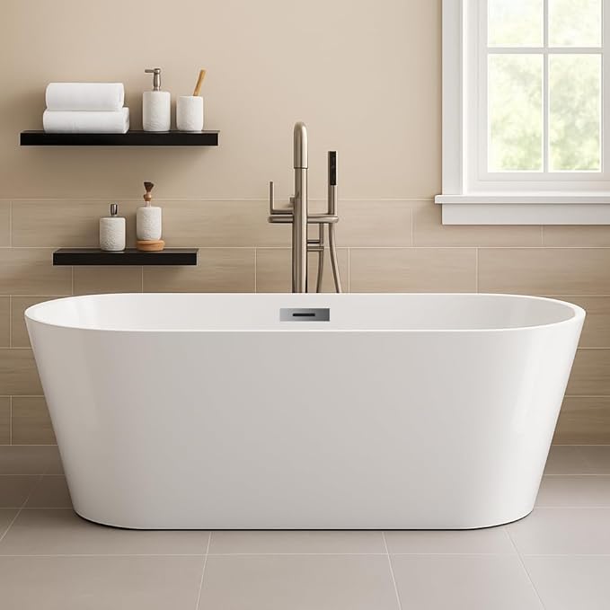 67 in Acrylic Freestanding Bathtub, Contemporary Stand Alone Tub,Glossy White Soaking Tub, Oval Bathtub with Chrome Overflow and Drain, CUPC Certified