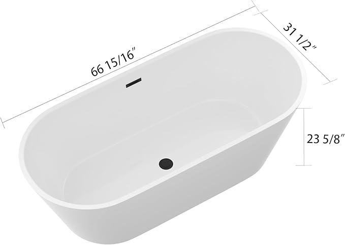 Logmey 67 Inch White Acrylic Freestanding Bathtub Oval Shape Soaking Tub with Black Drain & Overflow Assembly for Classic and Modern Bathrooms