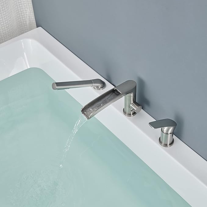 Waterfall Roman Tub Faucet Brushed Nickel Deck Mount Bathtub Faucets Brass Tub Filler Bathroom Faucets with Hand Shower