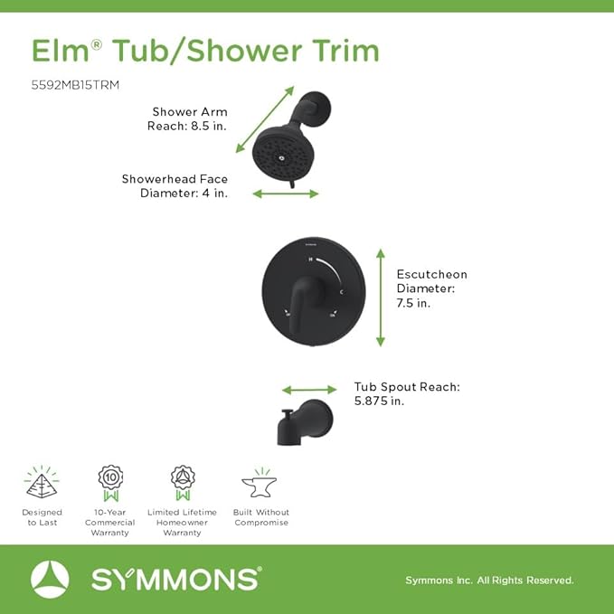 Elm Single Handle Wall Mounted Tub and Shower Trim Kit with Diverter Lever in Matte Black (Valve Not Included) - 5592MB15TRM