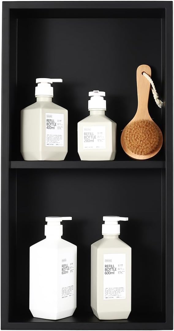 No Tile Needed Shower Niche for Bathroom Storage,Recessed Wall Niche,Double Shelves,Stainless Steel(Black, 24 * 12 in)