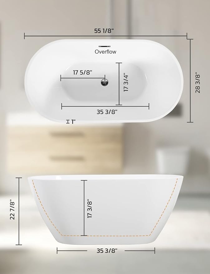 55" Sleek White Acrylic Freestanding Bathtub, Soaking Tub with Brushed Chrome Overflow and Drain