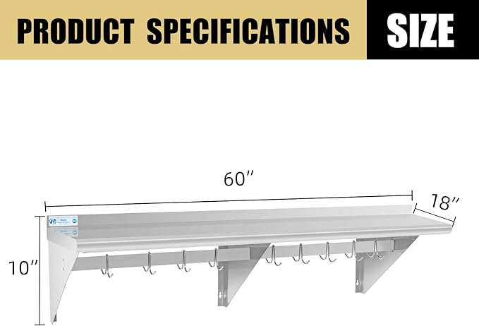 Hally Stainless Steel Shelf with 9 Hooks 18" x 60" Wall Mounted Pot Rack 450lb, NSF Commercial Floating Shelving for Storage Hanging Pots, Pans, cookware in Restaurant, Kitchen, Home and Hotel
