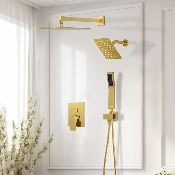 Shower Faucet Set Brushed Gold Shower System, STARBATH 12+6" Dual Rain Shower Head with Handheld Spray for Two People,Wall Mount Rainfall 3 Way Shower Valve with 5 Diverter and Trim Kit Complete