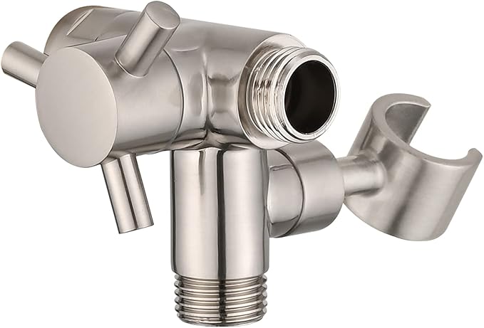 PDPBath Solid Brass 3 Way Shower Arm Diverter Valve with Handheld Holder for Dual Shower Heads with G1/2 Universal Connection - Brushed Nickel