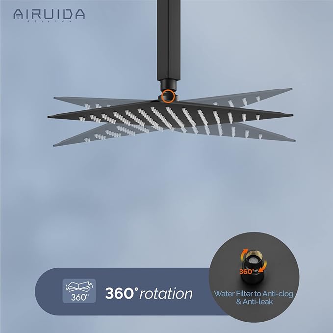 Airuida Shower Faucet Set and Handle Set Single Function Shower Trim Kit Ceiling Mount Rainfall Shower System with Male Threads and Rough-in Valve 10 Inch Square Shower Head Matte Black