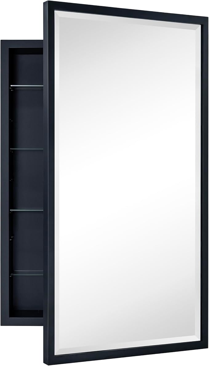 TEHOME Black Recessed Bathroom Medicine Cabinet with Mirror Squared Corner Rectangle Metal Framed Medicine Cabinet with Beveled Mirror 20x30''