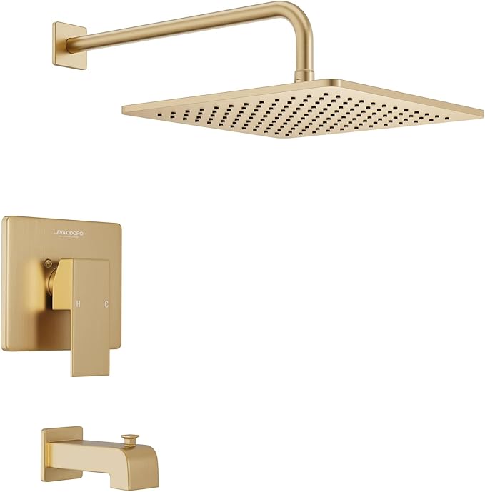 Lava Odoro 12-inch Square Bathtub and Shower Faucet Set Champagne Gold, Shower Trim Kit with Rough-in Valve High Pressure Gold Rainfall Shower Head and Handle Set, (Valve Included), SF106-CB-T