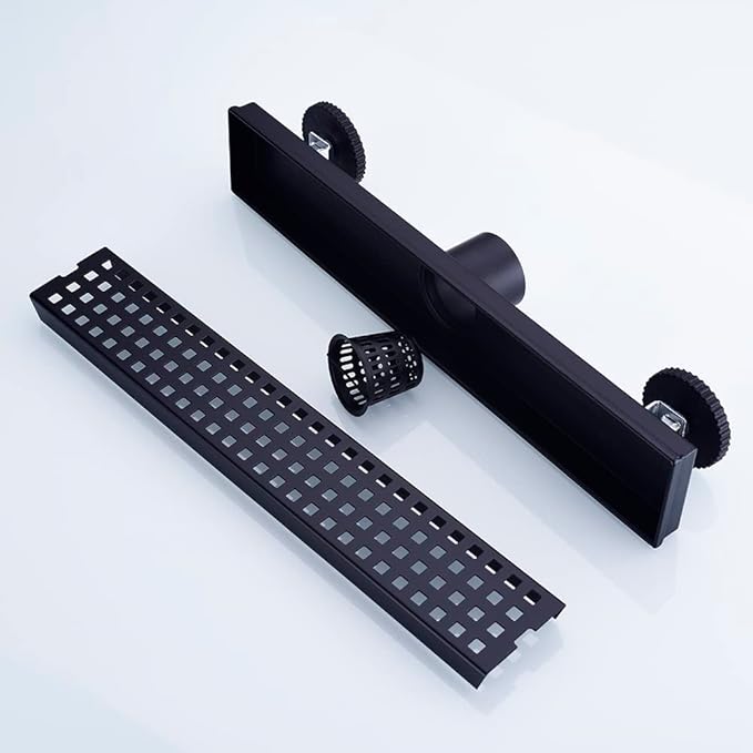 16 Inch Linear Bathroom Shower Rectangular Floor Drain,New Type with Removable Cover Grid Grate, Adjustable Leveling Feet Hair Strainer, SUS304 Stainless Steel,Black