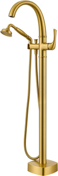 Free Standing Tub Faucet, Hanallx Luxury Brushed Gold Freestanding Bathtub Faucet with Sprayer, Premium Brass High Flow Rate Floor Mount Tub Filler Swivel Spout, Roman Tub Faucet Set（HM88011-BG）