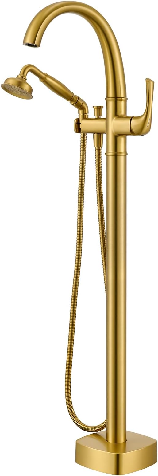 Free Standing Tub Faucet, Hanallx Luxury Brushed Gold Freestanding Bathtub Faucet with Sprayer, Premium Brass High Flow Rate Floor Mount Tub Filler Swivel Spout, Roman Tub Faucet Set（HM88011-BG）