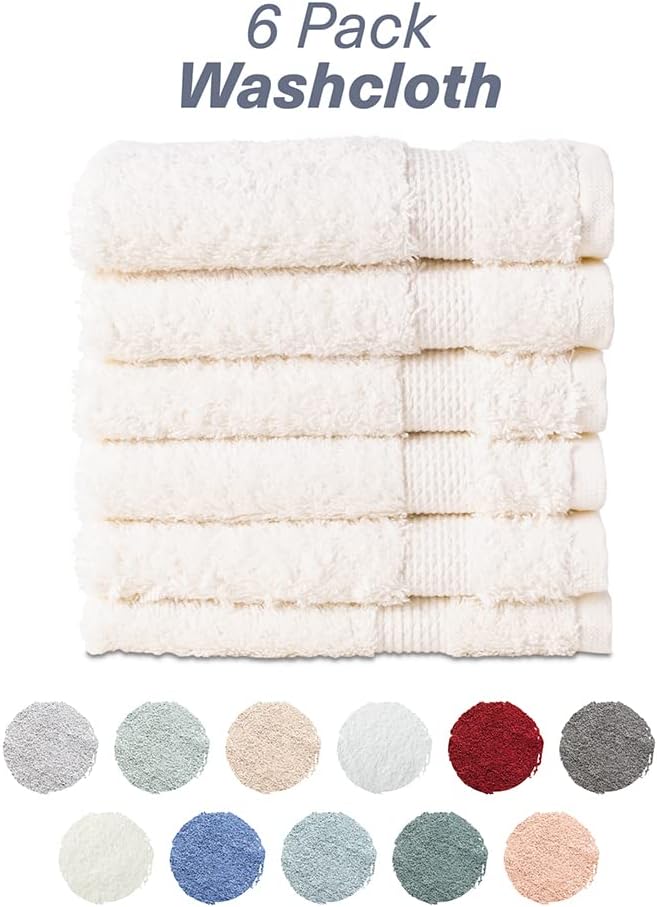 Hencely Premium 6-Pack Washcloths 12x12 Inches Soft Turkish Cotton High Absorbent and Quick Dry Dishtowel for Kitchen and Bath (Wash Cloth 6 Pack, Ivory)