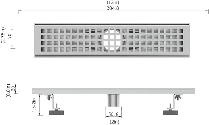 12 Inch Rectangular Shower Floor Drain, Brushed Nickel High Flow Shower Drain Kit with Flange with Hair Filter, Removable Grate Cover, 304 Stainless Steel, Abs Fixing Tray (Brushed)