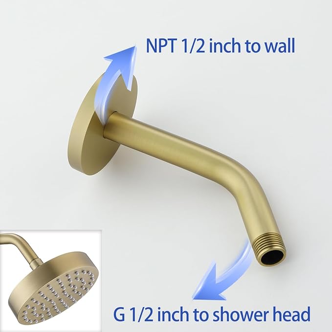 Wall Mounted Shower Arm Extension Head Holder Stainless Stee for Elbow Bathroom Accessories Pipe Bath Tube Brushed Gold,SW-RD91018-6BG.
