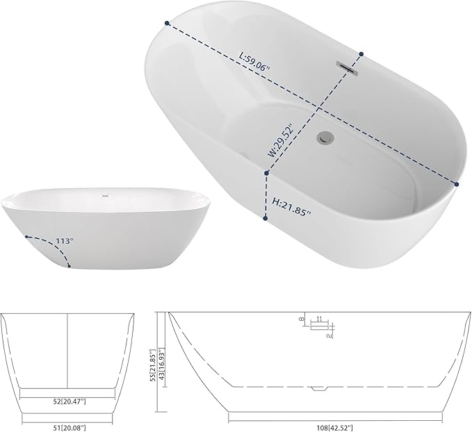 Sarlai 59 Inch Acrylic Freestanding Soaking Bathtub Contemporary Soaking White Tub Stand Alone Ergonomic Bathtub with Chrome Drain and Overflow