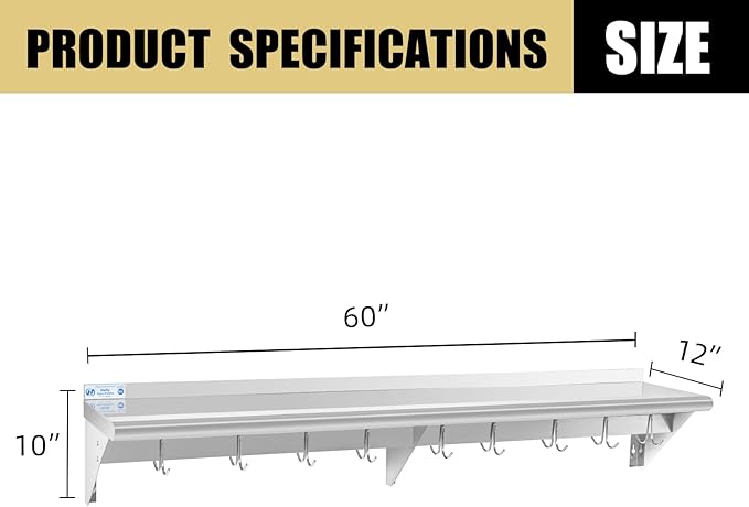 Hally Stainless Steel Shelf with 9 Hooks 12" x 60" Wall Mounted Pot Rack 315lb, NSF Commercial Floating Shelving for Storage Hanging Pots, Pans, cookware in Restaurant, Kitchen, Home and Hotel