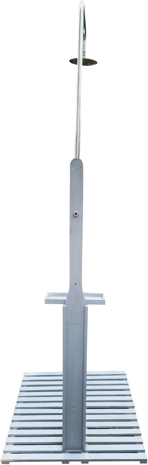 Outdoor Garden Pool Shower with Wooden Platform Base - Freestanding Poolside Shower Station with Adjustable Water Pressure Control, Solid Wood Chassis Board, 86.61" Tall, Gray