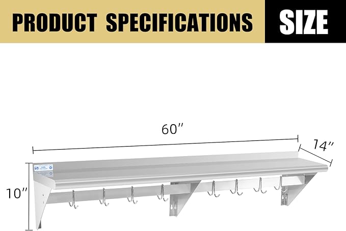 Hally Stainless Steel Shelf with 8 Hooks 14" x 60" Wall Mounted Pot Rack 400lb, NSF Commercial Floating Shelving for Storage Hanging Pots, Pans, cookware in Restaurant, Kitchen, Home and Hotel