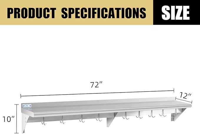 Hally Stainless Steel Shelf with 9 Hooks 12" x 72" Wall Mounted Pot Rack 345lb, NSF Commercial Floating Shelving for Storage Hanging Pots, Pans, cookware in Restaurant, Kitchen, Home and Hotel