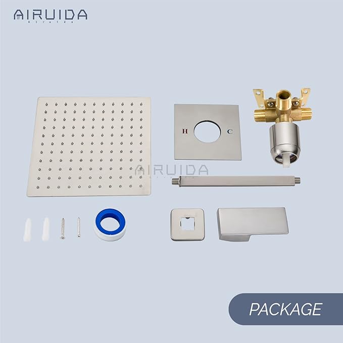 Airuida Shower Faucet Set and Handle Set Single Function Shower Trim Kit Ceiling Mount Rainfall Shower System with Male Threads and Rough-in Valve 10 Inch Square Shower Head Brushed Nickel