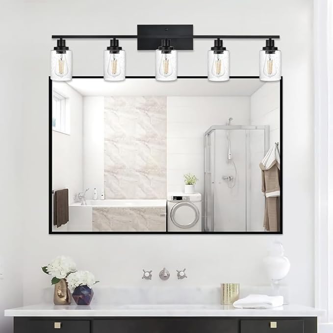40 Inches Length Black Bathroom Lighting Fixtures, 5-Light Modern Industrial Wall Sconce Vanity Light Fixture with Seeded Glass for Bedroom Over Mirror