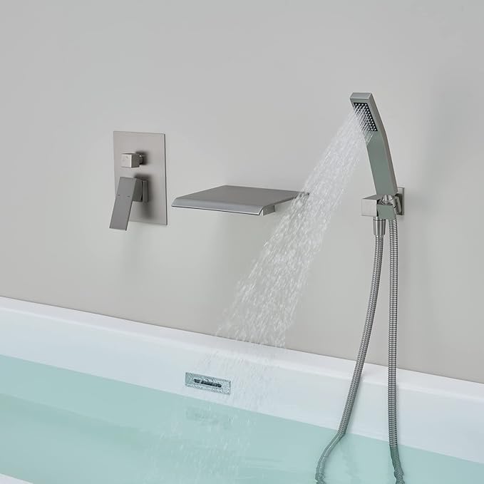 Wall Mount Tub Filler Waterfall Tub Faucet Brushed Nickel Bathtub Faucet Brass Single Handle Bathroom Faucet with Hand Shower