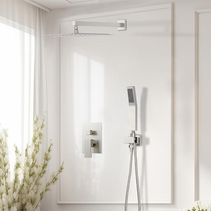 Rain Shower System Brushed Nickel, Starbath 12“ Rainfall Shower Head with Handheld Spray Complete Wall Mounted Rainfall Shower Faucet Set,2 Way Pressure Balance Shower Valve and Trim Kit Included