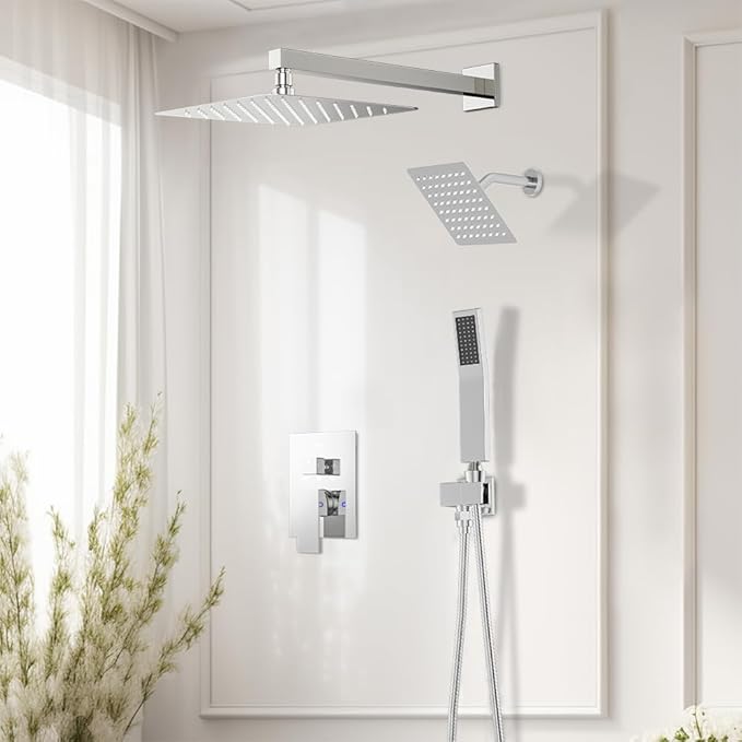 Shower Faucet Set Shower Systems, STARBATH 3 Way Shower Faucet with 2 in 1 Handheld, Ceiling Mount 12+6" Dual Rain Shower Head for Two People (6"+12" Shower Head-Handheld-Wall Mounted, Chrome)