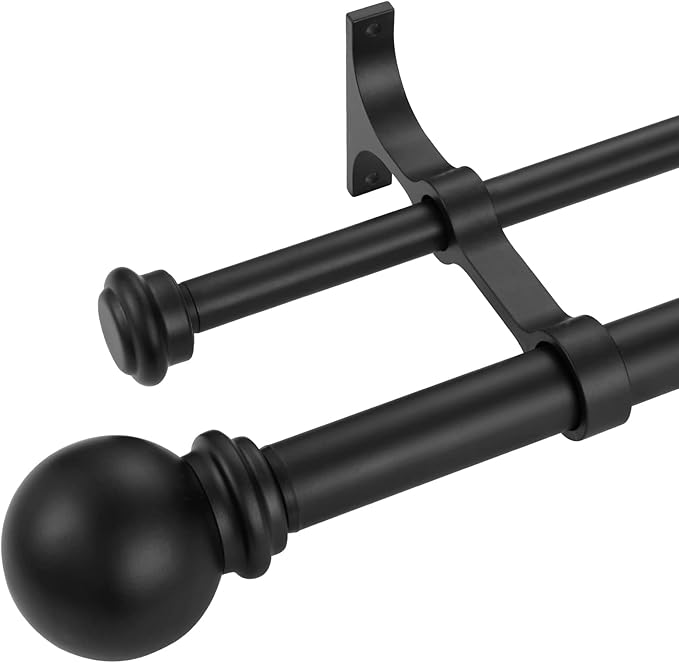 Double Curtain Rod 48 to 84 inch, Adjustable 1 inch Double Drapery Rod Rods for Windows and Doors with Ball Round Finials and Premium Aluminum Brackets Set(48-84",Matte Black)