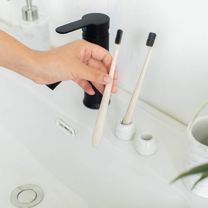 Marble Mini Toothbrush Holder Stand for Bathroom - 2 Pack Divided Tooth Brushing Holder -Electric Tooth Brush Head Holder Razors Holder for Countertops Organizer