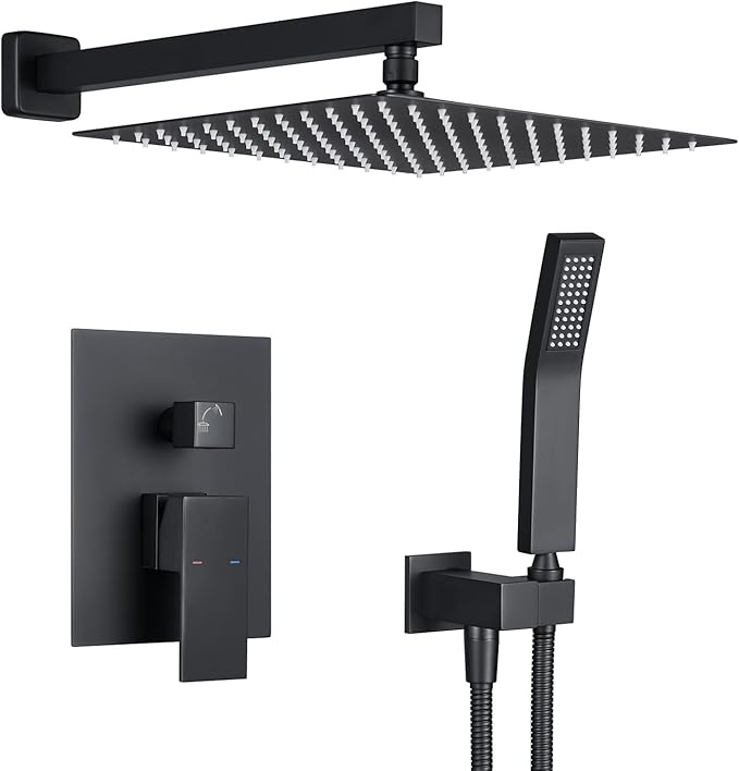 Rain Shower System 12 Inches Shower Combo Set Black Wall Mount Faucet Bathroom Faucets with Rainfall Shower Head and Hand Shower