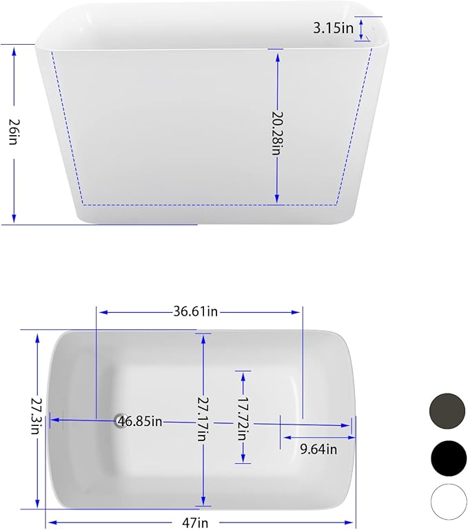 47" Lucite Acrylic Freestanding Bathtub，Square Shape Janpanese Soaking Tub,Toe-tap Chrome Right Drain, Slotted Overflow, cUPC Certified,Glossy White