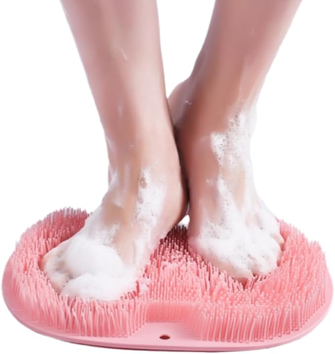 Silicone Shower Foot Scrubber Mat, 2025 Upgraded Exfoliating Bath Pad with Non-Slip Suction Cups Wall Mounted Foot Cleaning Mat (Pink)