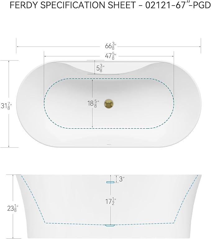 FerdY Santorini 67" Acrylic Freestanding Tub, Gracefully Shaped Contemporary Soaking Tub, Glossy White, cUPC Certified, Polished Gold Toe-tap Drain and Overflow