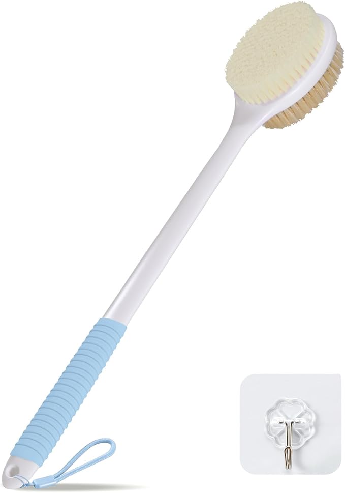 VANZAVANZU 17 Inch Anti-Slip Long Handle Back Scrubber for Shower – Dual-Sided Shower Brush and Shower Back Scrubber with Soft and Stiff Bristles for Wet or Dry Brushing (Blue)