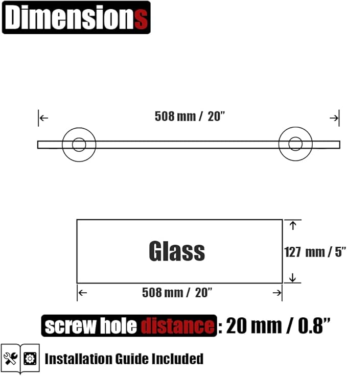 JQK Bathroom Glass Shelf Gold, Tempered Glass Shower Storage 20 by 5 inches, 304 Stainless Steel Brushed Gold Wall Mount, TGS101L20-BG
