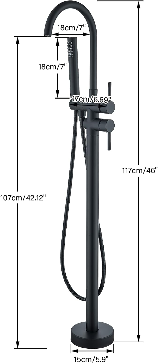 Freestanding Bathtub Faucet Matte Black Floor Mounted Tub Filler with Hand Shower 360 Degree Swivel Standing Spout Brass High Flow Mixer Taps