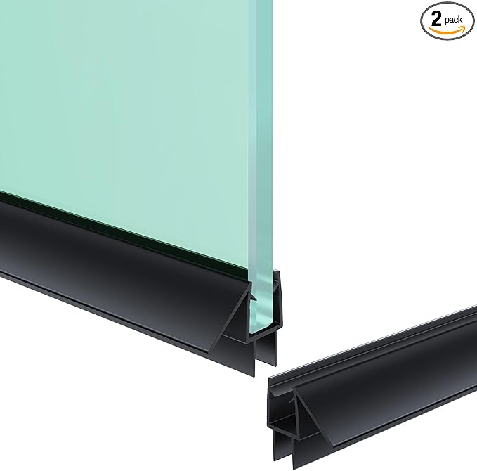 Shower Door Bottom Seal Strip, 2PCS Seal Strip, Clear PVC, 36" Length, Fits 10mm Thick Glass, Prevents Leaks, Easy Installation, No Adhesive Required (Black, 36in for 3/8"(10mm))