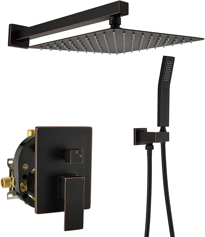 WELLFOR10-in Wall Mounted Shower Faucet Set Dual Head Built-In Shower Faucet System, 2.5 GPM, Bathroom Shower Faucets Sets Complete with 2-way Diverter & Pressure-balanced Valve, Oil-Rubbed Bronze