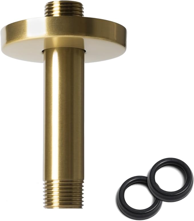 4 Inch Shower Arm with Flange, Ceiling Mounted Shower Head Extension Arm, 1/2 NPT Straight Arm for Rain Shower Head, Stainless Steel Shower Head Extension Replacement Pipe Arm, Brusheed Gold