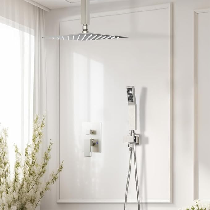 Shower Faucet Set Brushed Nickel Shower System, Starbath 8" Rain Shower Head and Handheld Spray Shower Set Complete Ceiling Mounted,2 Way Pressure Balance Shower Valve and Trim Kit Included