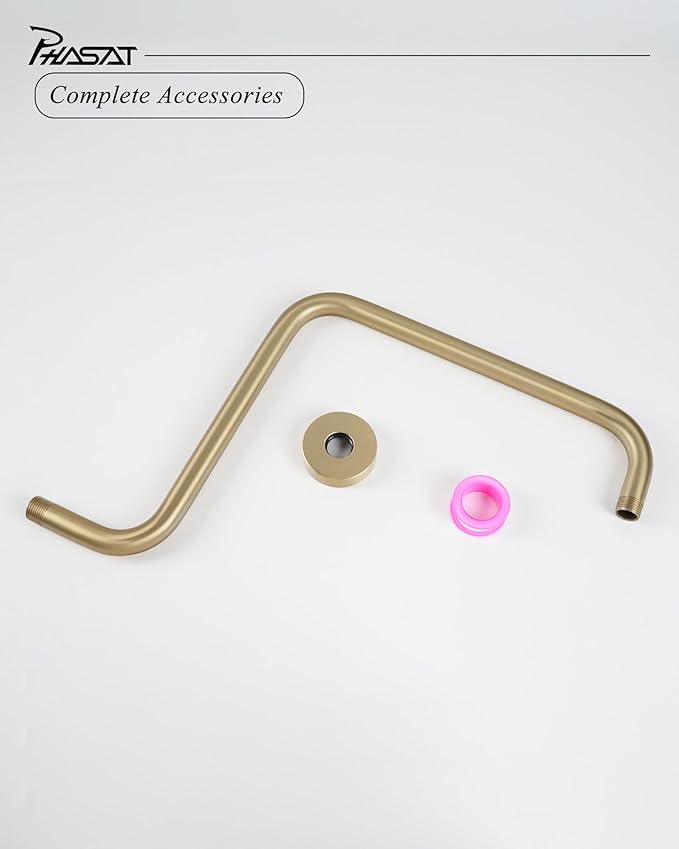 PHASAT S Shaped Shower Arm, High Rise Shower Arm with Flange, Brushed Gold