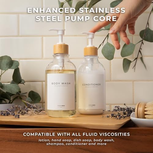 Maisonovo Plastic Soap Dispenser Set | Hand Soap and Dish Soap Dispenser Set | 16.9oz Amber Bottles with Black Bamboo Pump | Bathroom Lotion Dispenser with Pump Set of 2