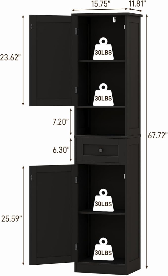 67" H Tall Bathroom Cabinet, Narrow Storage Cabinet with 2 Barn Doors and 1 Drawer, Freestanding Floor Cabinets with 5 Shelves and Open Storage Shelf for Bathroom, Living Room, Kitchen, Black
