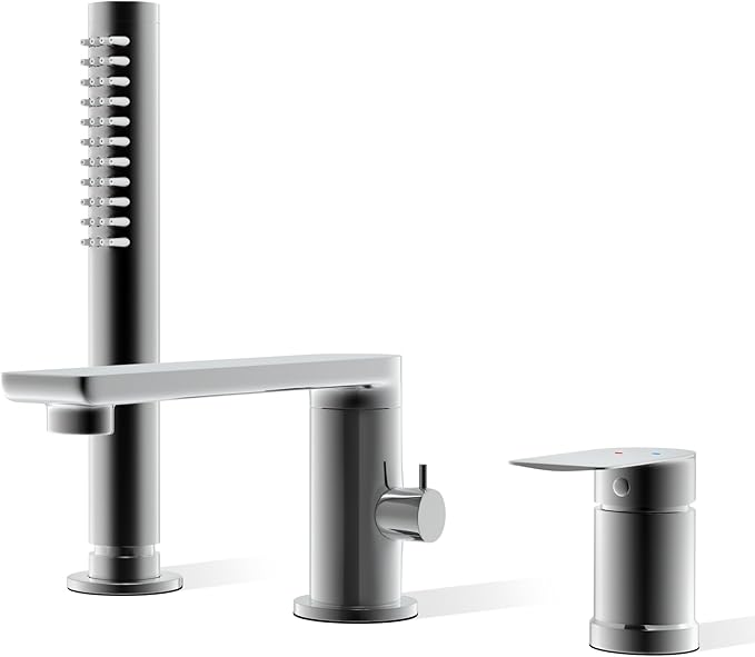 Modern Chrome Roman Tub Faucet with 360° Rotated Spout, Deck Mount Bathtub Faucet with Hand Shower, Widespread 3 Holes Bath Tub Filler Faucet Rough In Valve Included (Chrome)